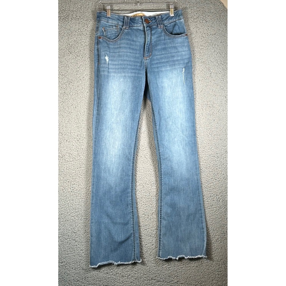 Democracy Ab Solution Bootcut Jeans Womens 8 Light Wash Raw Hem Distressed Blue